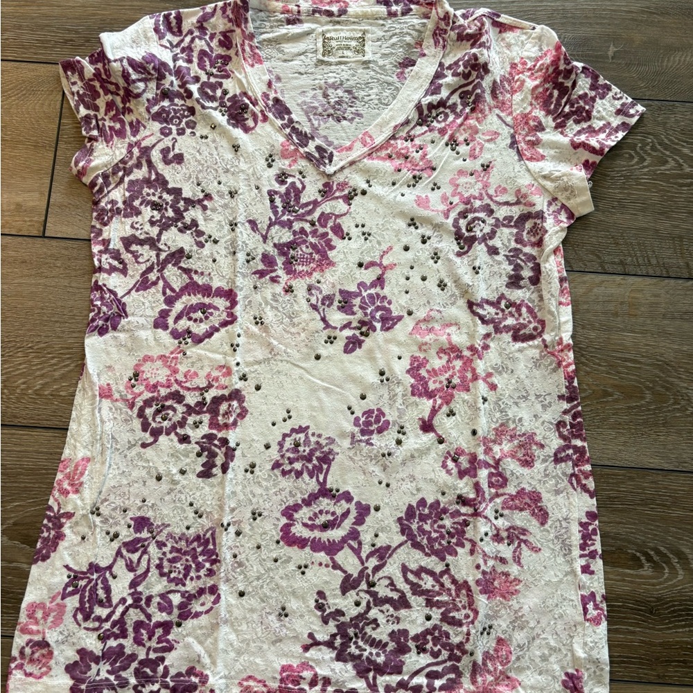 Ruff Hewn Pink & Purple Floral V-Neck Short Sleeve Top